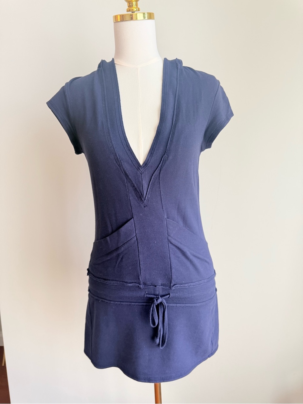 Navy Short Sleeve V-Neck Drawstring Tunic Dress